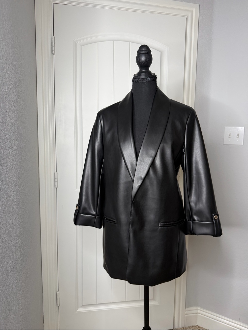 Anne Klein Black Faux Leather Shawl Collar Blazer Jacket